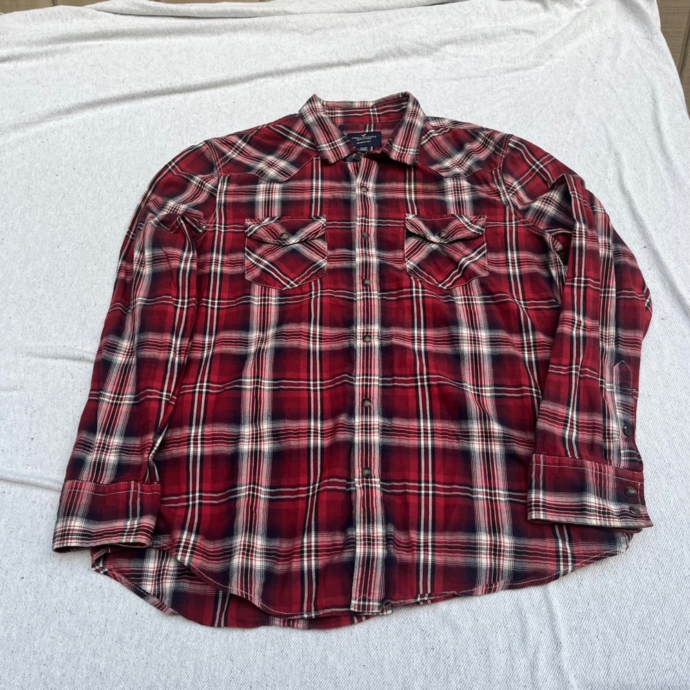 American Eagle Seriously Soft Red Plaid Pearl Snap Flannel Shirt Mens XL